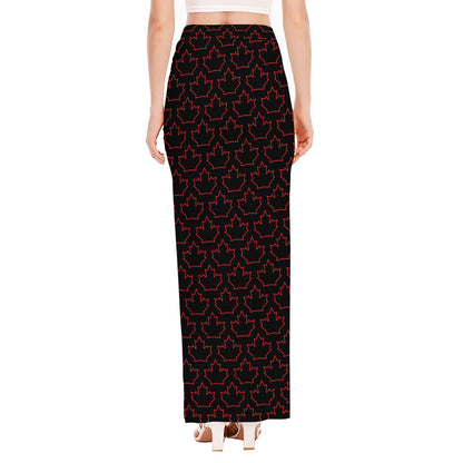 Black And Red Canadian Maple Leaf Print High Slit Maxi Skirt