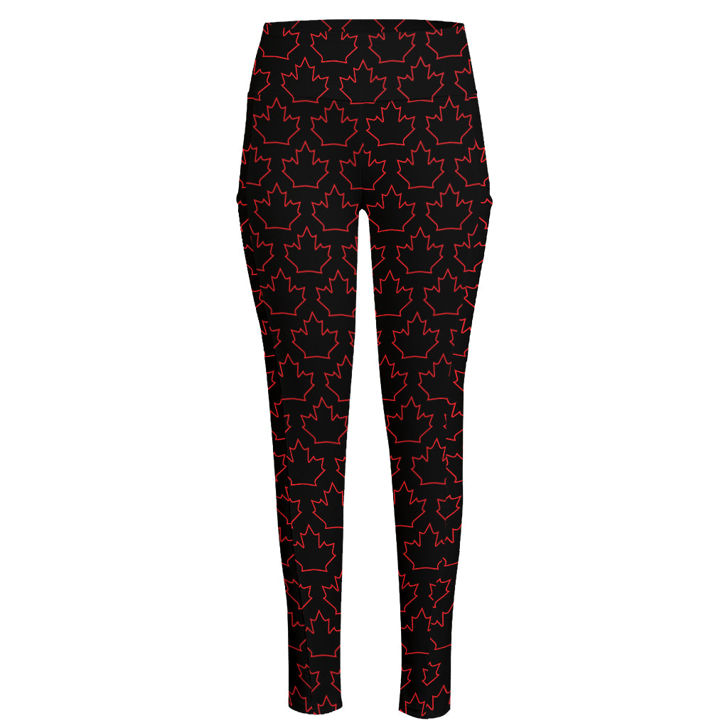 Black And Red Canadian Maple Leaf Print High-Waisted Pocket Leggings