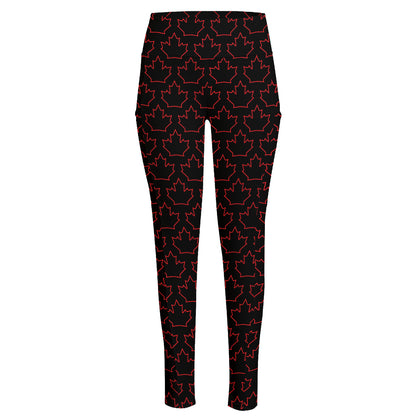 Black And Red Canadian Maple Leaf Print High-Waisted Pocket Leggings