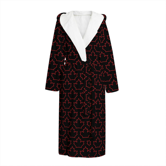 Black And Red Canadian Maple Leaf Print Hooded Bathrobe