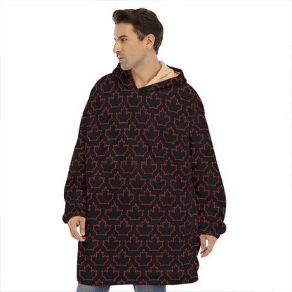 Black And Red Canadian Maple Leaf Print Hoodie Blanket