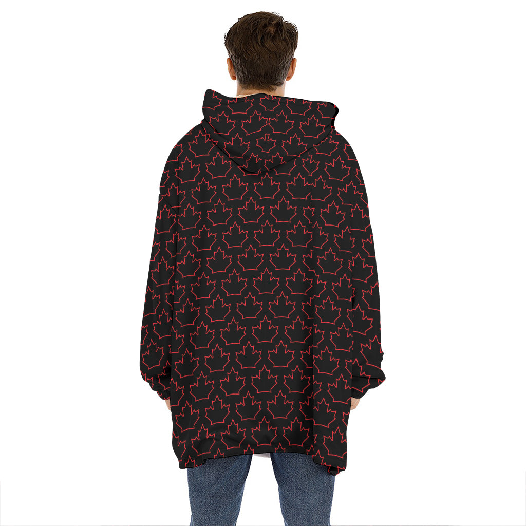 Black And Red Canadian Maple Leaf Print Hoodie Blanket