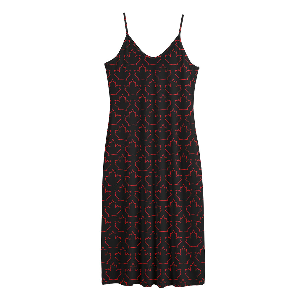 Black And Red Canadian Maple Leaf Print Jersey Midi Cami Dress