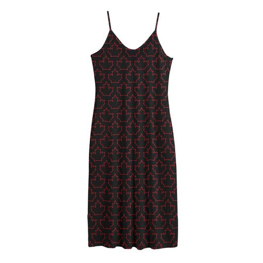 Black And Red Canadian Maple Leaf Print Jersey Midi Cami Dress