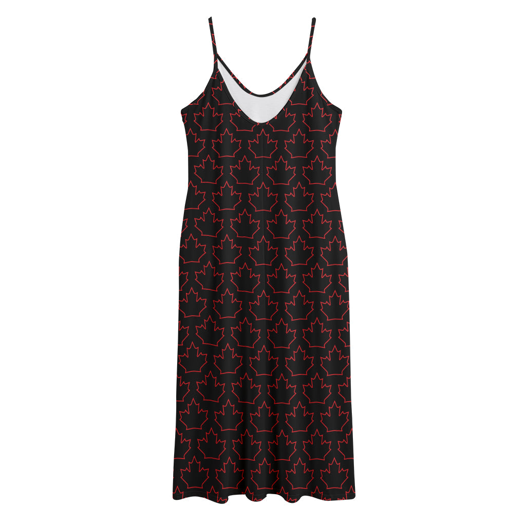 Black And Red Canadian Maple Leaf Print Jersey Midi Cami Dress