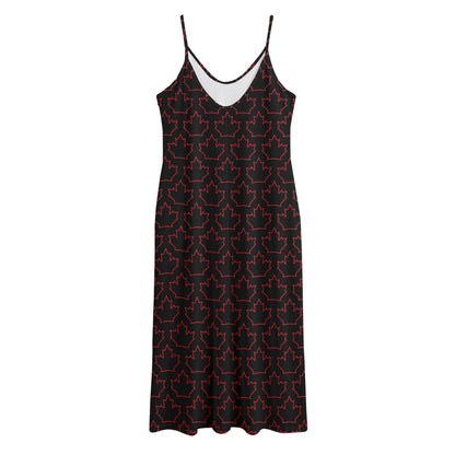 Black And Red Canadian Maple Leaf Print Jersey Midi Cami Dress