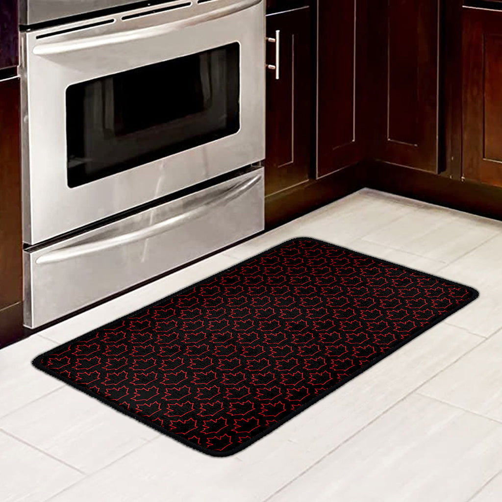 Black And Red Canadian Maple Leaf Print Kitchen Mat