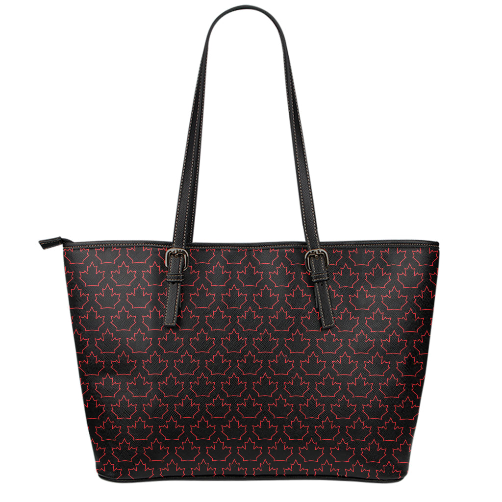 Black And Red Canadian Maple Leaf Print Leather Tote Bag