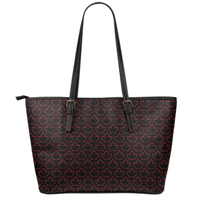 Black And Red Canadian Maple Leaf Print Leather Tote Bag