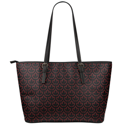 Black And Red Canadian Maple Leaf Print Leather Tote Bag