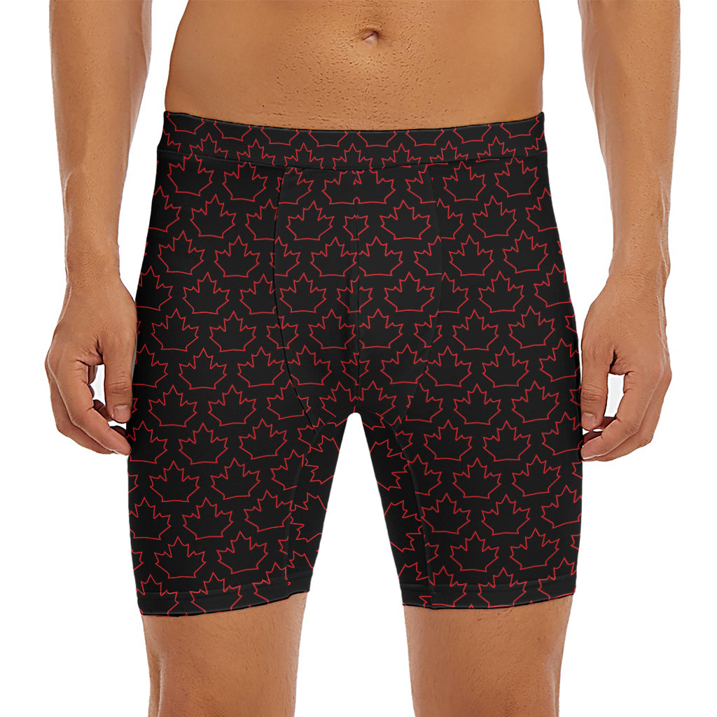 Black And Red Canadian Maple Leaf Print Men's Long Boxer Briefs