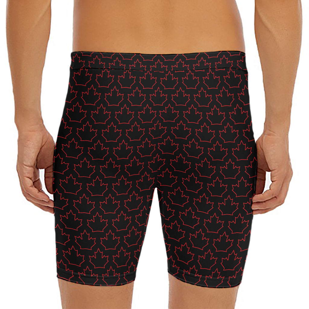 Black And Red Canadian Maple Leaf Print Men's Long Boxer Briefs