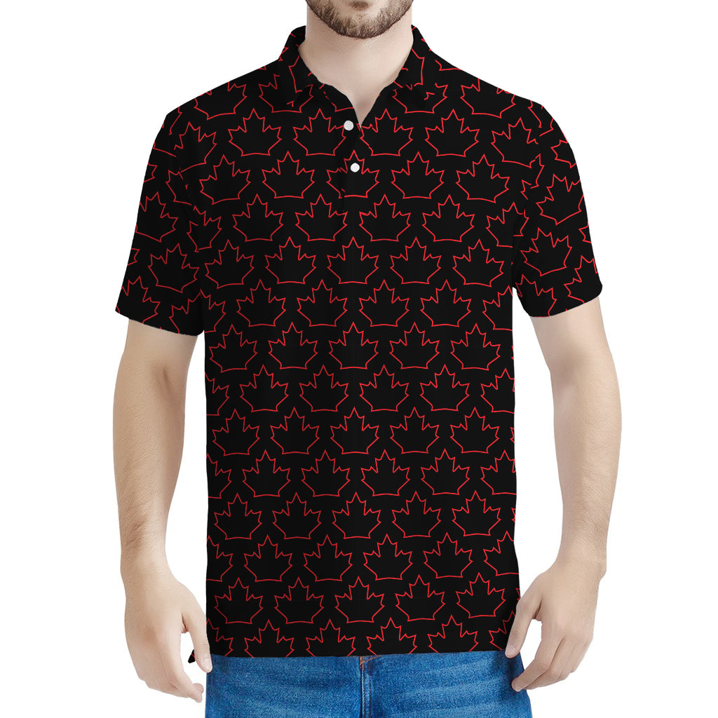 Black And Red Canadian Maple Leaf Print Men's Polo Shirt