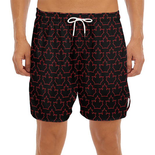 Black And Red Canadian Maple Leaf Print Men's Split Running Shorts