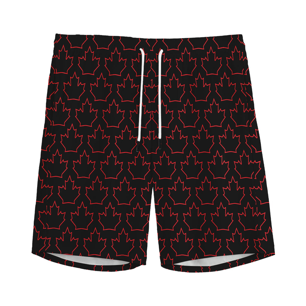 Black And Red Canadian Maple Leaf Print Men's Sports Shorts