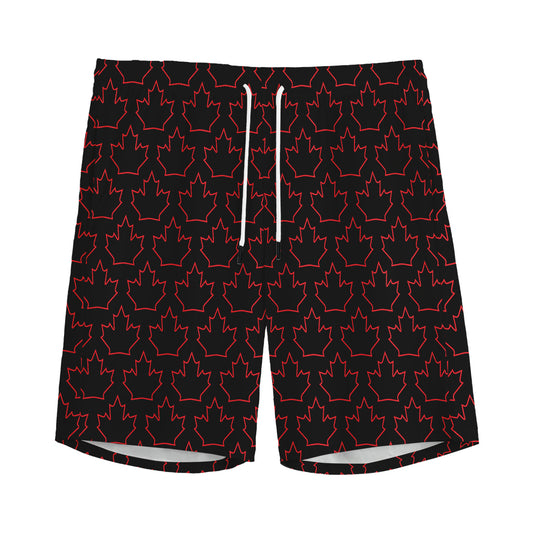 Black And Red Canadian Maple Leaf Print Men's Sports Shorts