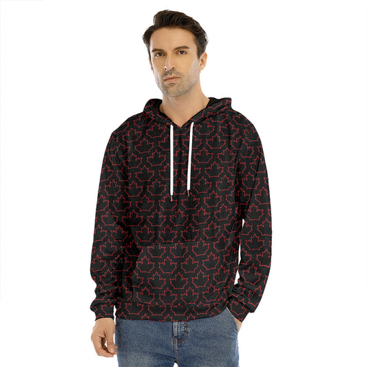 Black And Red Canadian Maple Leaf Print Men's Velvet Pullover Hoodie