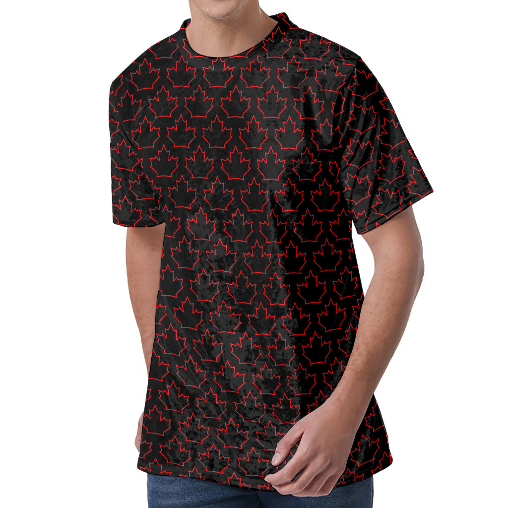 Black And Red Canadian Maple Leaf Print Men's Velvet T-Shirt