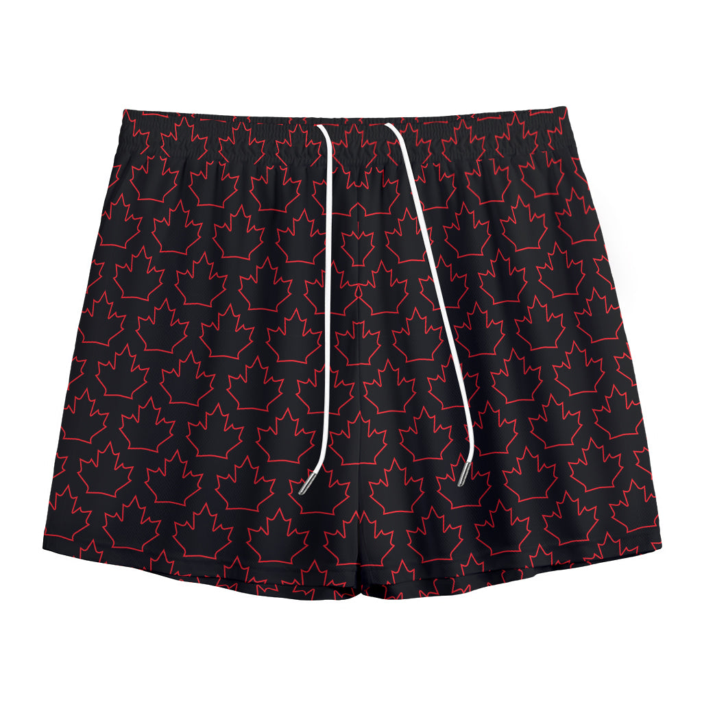 Black And Red Canadian Maple Leaf Print Mesh Shorts