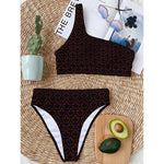 Black And Red Canadian Maple Leaf Print One Shoulder Bikini Top