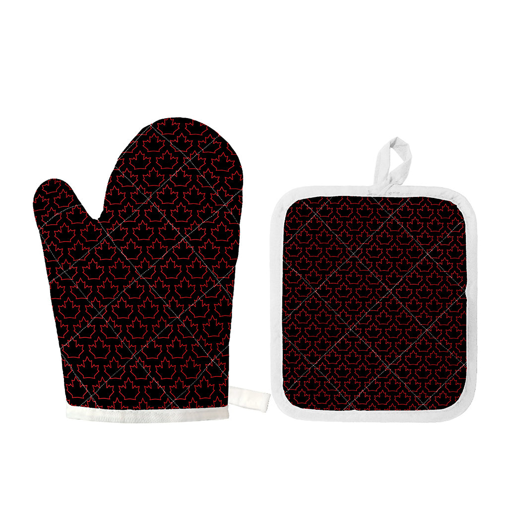 Black And Red Canadian Maple Leaf Print Oven Mitt And Pot Holder Set