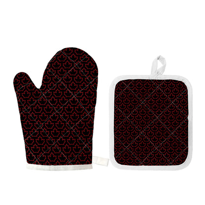 Black And Red Canadian Maple Leaf Print Oven Mitt And Pot Holder Set
