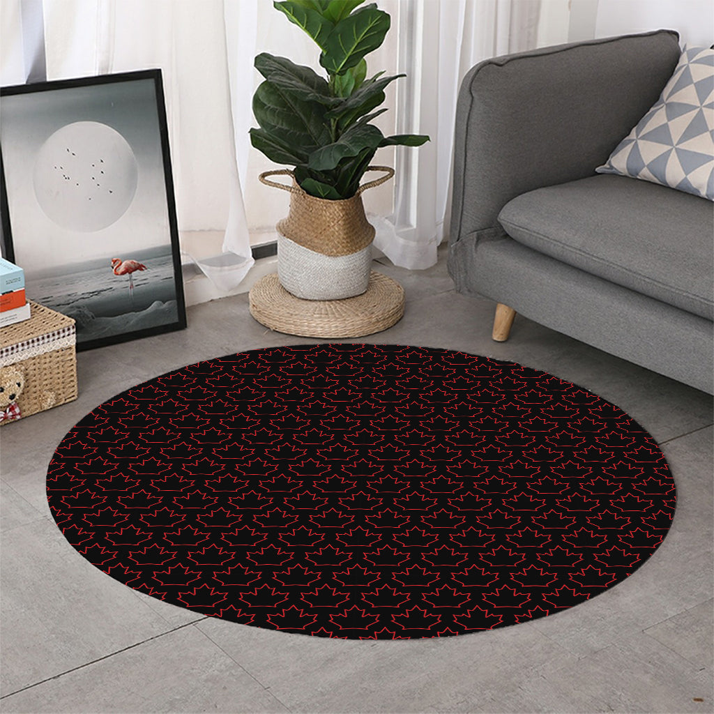 Black And Red Canadian Maple Leaf Print Round Rug