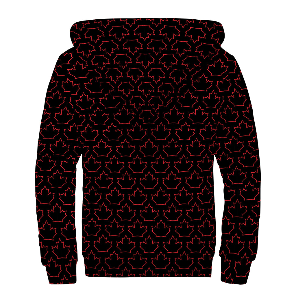 Black And Red Canadian Maple Leaf Print Sherpa Lined Zip Up Hoodie
