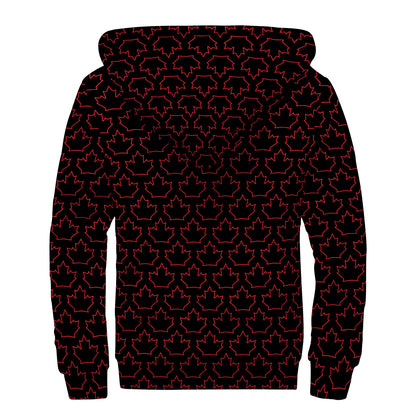 Black And Red Canadian Maple Leaf Print Sherpa Lined Zip Up Hoodie