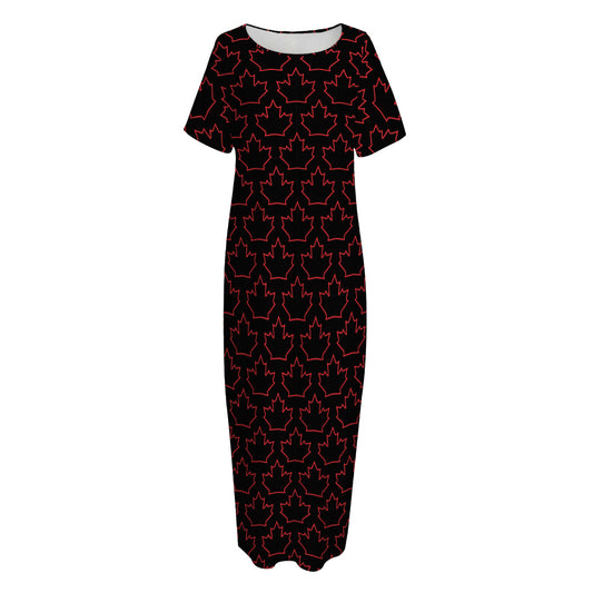 Black And Red Canadian Maple Leaf Print Short Sleeve Long Nightdress