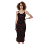 Black And Red Canadian Maple Leaf Print Slim Fit Midi Cami Dress