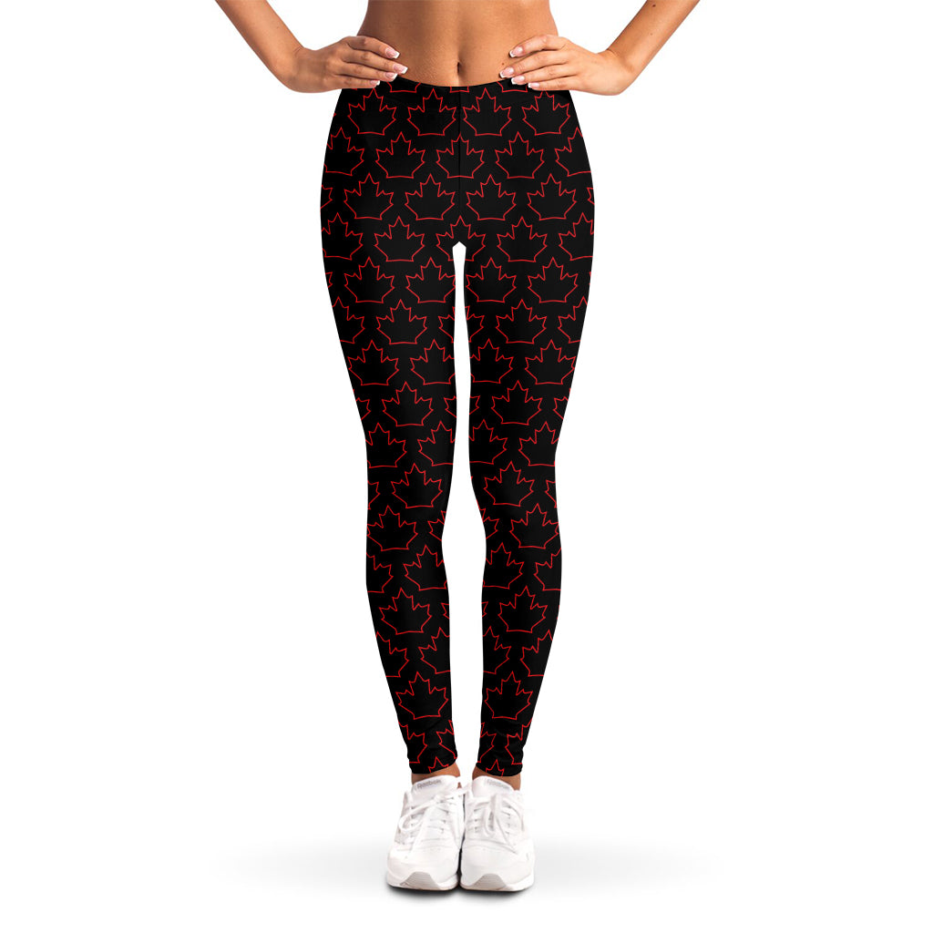 Black And Red Canadian Maple Leaf Print Women's Leggings