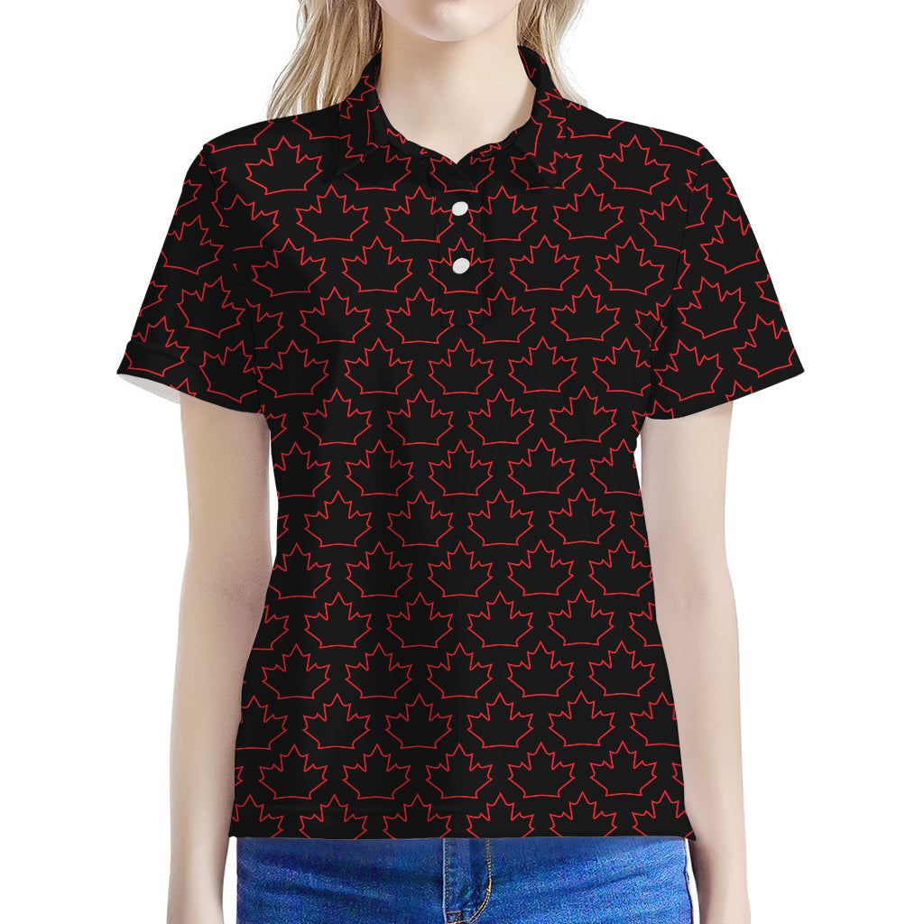 Black And Red Canadian Maple Leaf Print Women's Polo Shirt