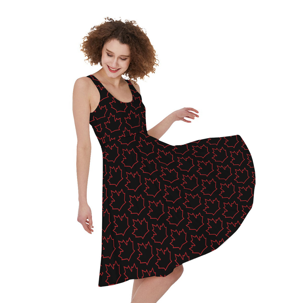 Black And Red Canadian Maple Leaf Print Women's Sleeveless Dress