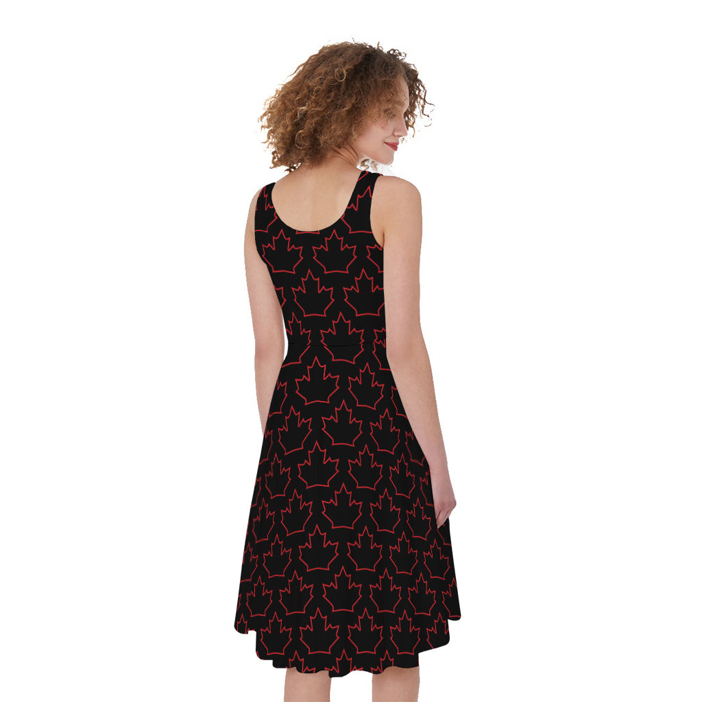 Black And Red Canadian Maple Leaf Print Women's Sleeveless Dress