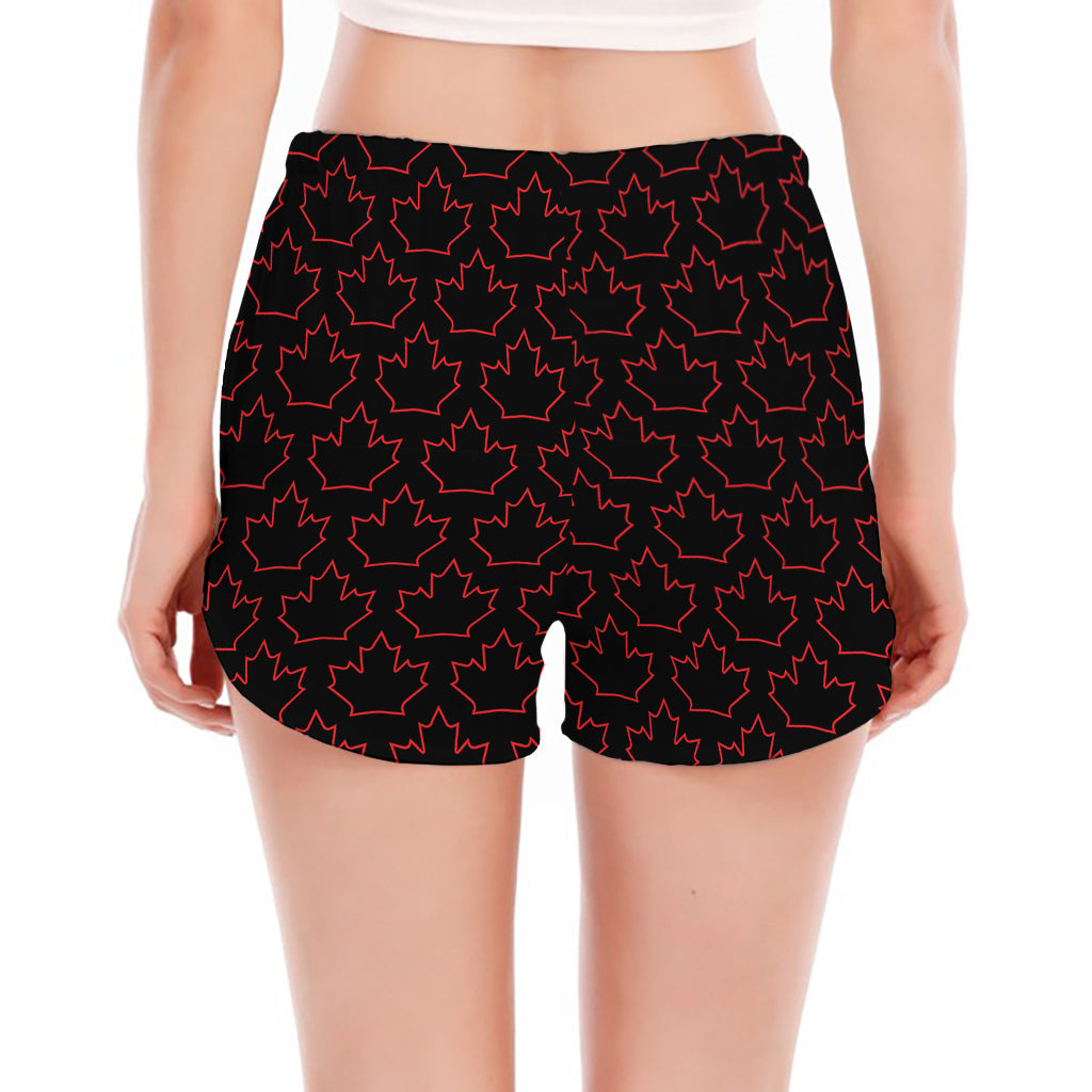 Black And Red Canadian Maple Leaf Print Women's Split Running Shorts