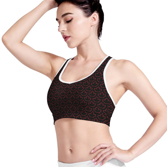 Black And Red Canadian Maple Leaf Print Women's Sports Bra