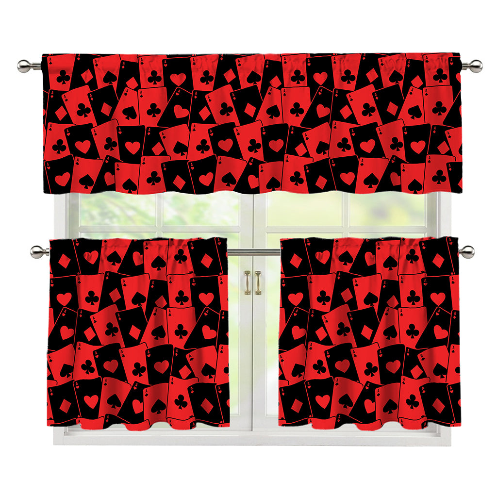 Black And Red Casino Card Pattern Print 3 Piece Kitchen Curtains