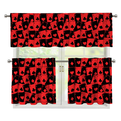 Black And Red Casino Card Pattern Print 3 Piece Kitchen Curtains