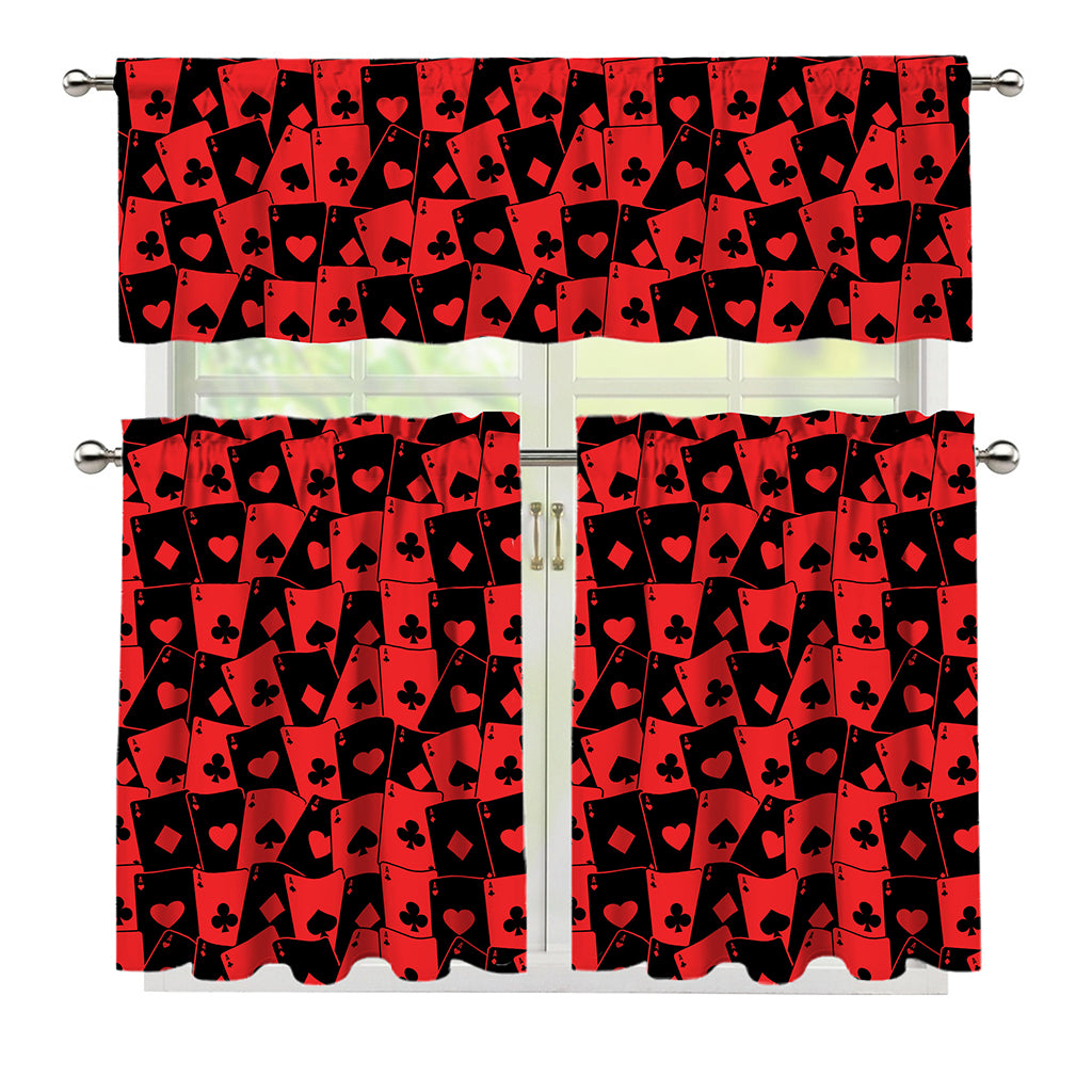 Black And Red Casino Card Pattern Print 3 Piece Kitchen Curtains