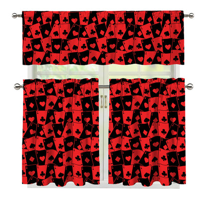 Black And Red Casino Card Pattern Print 3 Piece Kitchen Curtains
