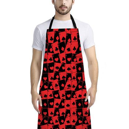 Black And Red Casino Card Pattern Print Bib Apron With Pocket