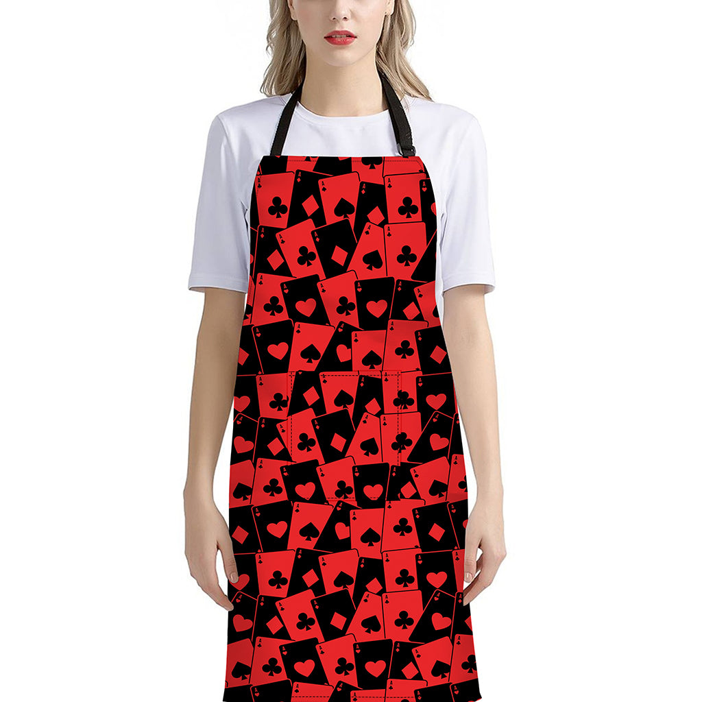 Black And Red Casino Card Pattern Print Bib Apron With Pocket