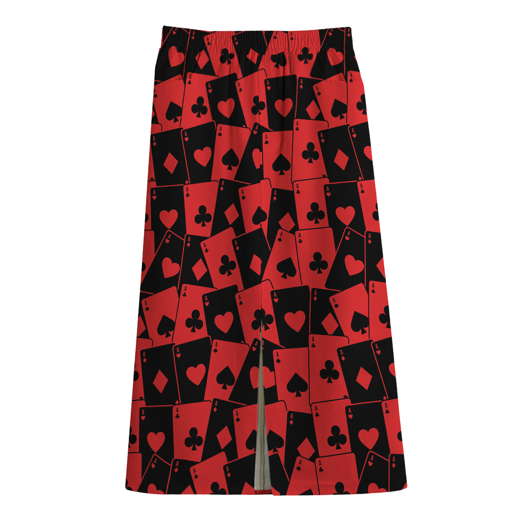 Black And Red Casino Card Pattern Print Cotton Front Slit Maxi Skirt