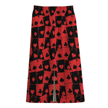 Black And Red Casino Card Pattern Print Cotton Front Slit Maxi Skirt