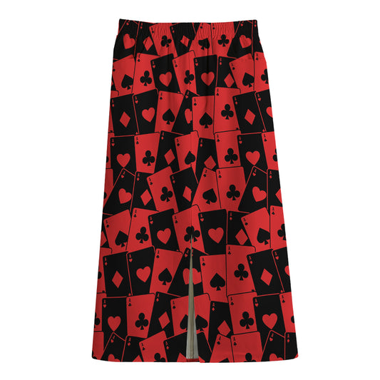 Black And Red Casino Card Pattern Print Cotton Front Slit Maxi Skirt