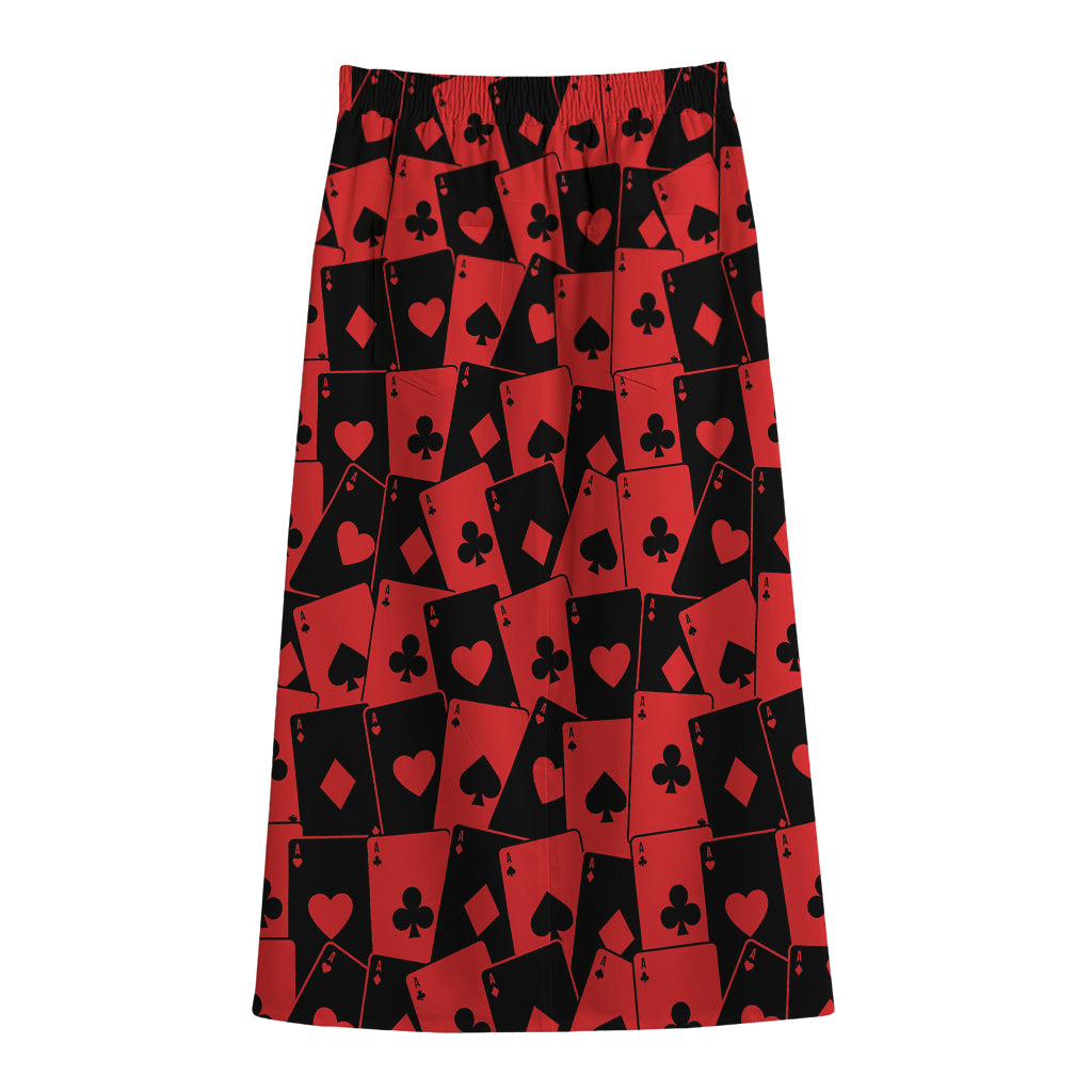 Black And Red Casino Card Pattern Print Cotton Front Slit Maxi Skirt