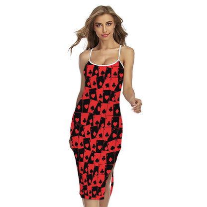 Black And Red Casino Card Pattern Print Cross Back Cami Dress