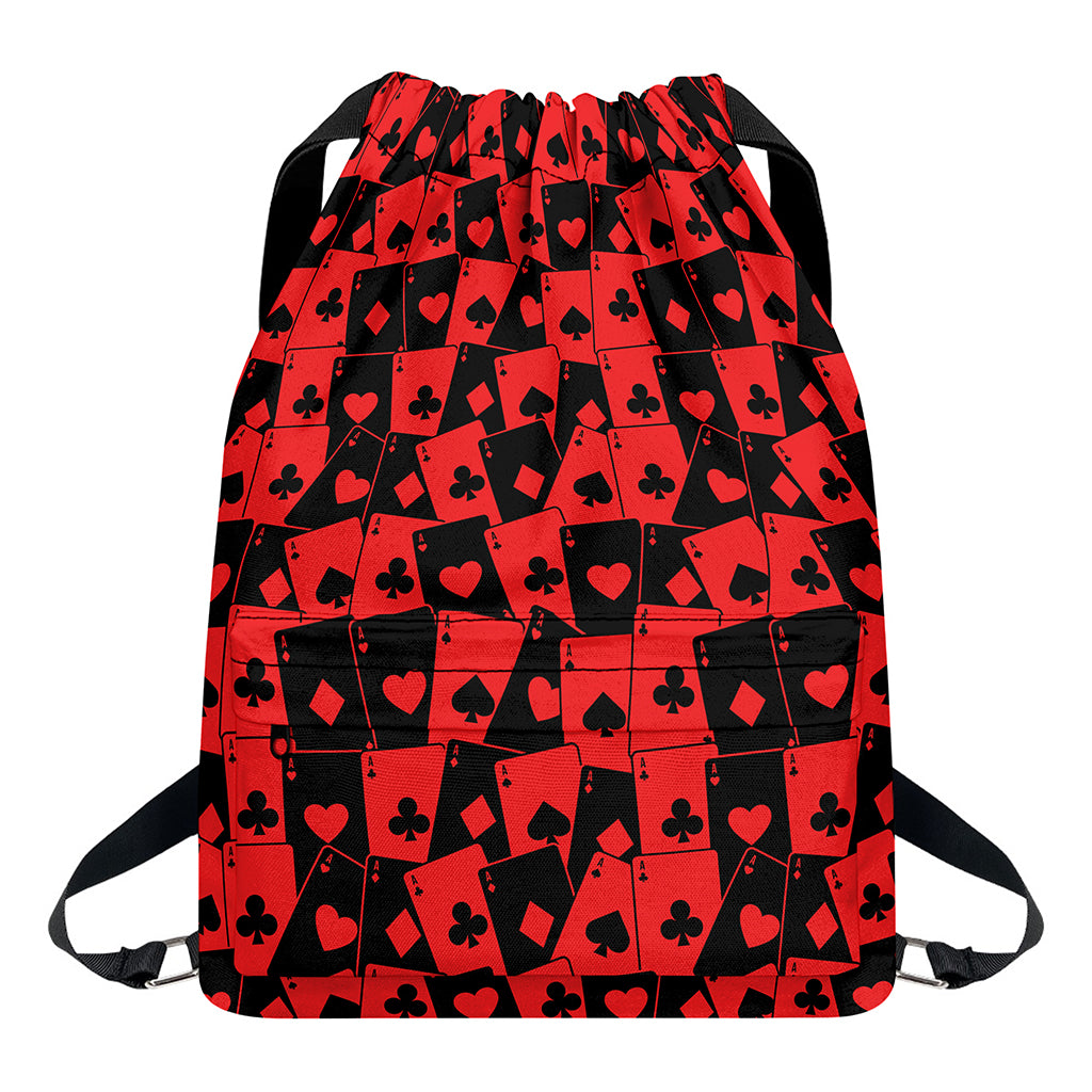 Black And Red Casino Card Pattern Print Drawstring Backpack