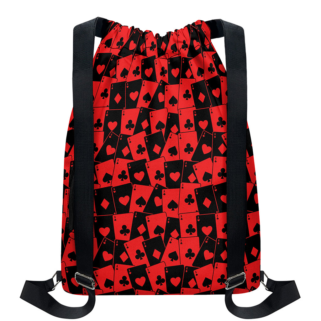 Black And Red Casino Card Pattern Print Drawstring Backpack